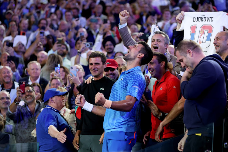 Novak Djokovic of Serbia celebrates after beating Stefanos Tsitsipas of Greece at the Australian Open at Melbourne Park in Melbourne, Australia, January 29 2023. Picture: CLIVE BRUNSKILL/GETTY IMAGES