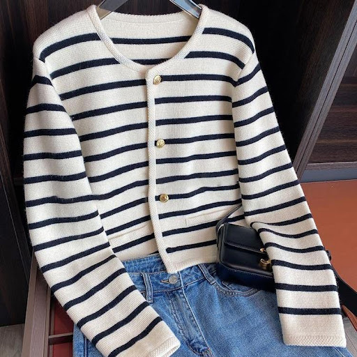 Title 9, Black And White Striped Knitted Cardigan Women...