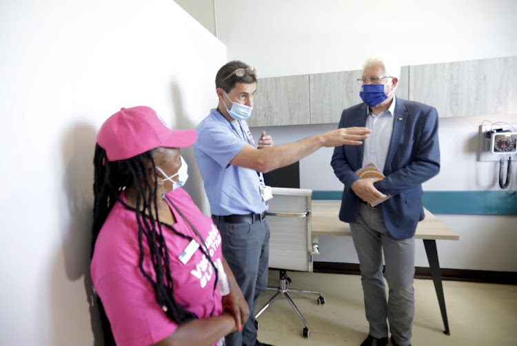 Western Cape premier Alan Winde and health MEC Nomafrench Mbombo with Prof Joel Dave at Groote Schuur Hospital. Mbombo has been criticised for rebranding her department, with some saying this will be a costly move. File photo.