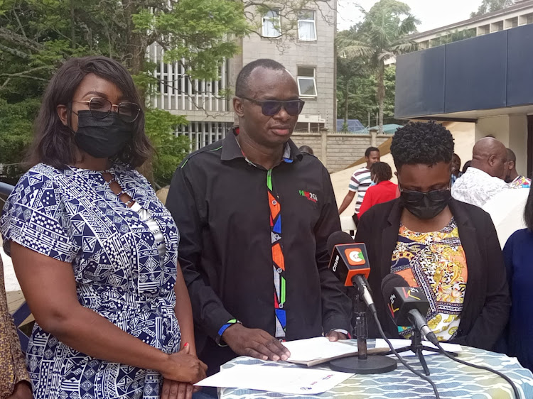 Run for Office Kenya founder Wilkister Aduma, PAWA254 programme manager Michael Owino and Tribeless Youth Executive Director Shiko Kihika during a press conference in Nairobi on December 9, 2021