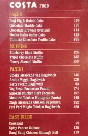 Costa Coffee menu 