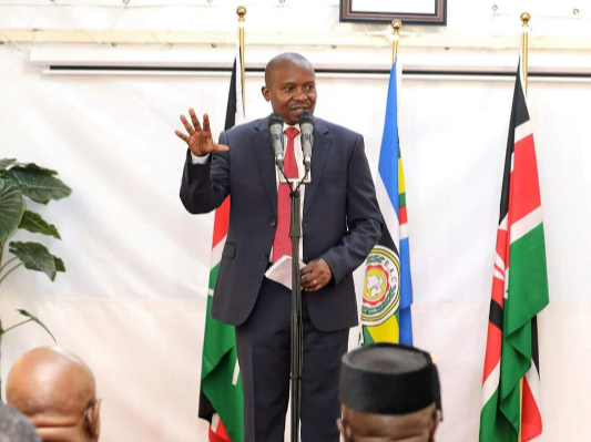 Interior Cabinet Secretary Kithure Kindiki speaks during a consultative forum with Meru County elected leaders on eradicating livestock rustling menace in the county, March 7, 2024.