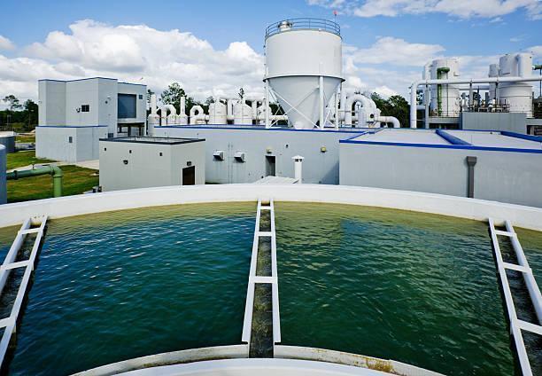 Overlooking a Water Tank at Water Treatment Plant Looking at a water treatment plant. desalination plant stock pictures, royalty-free photos & images