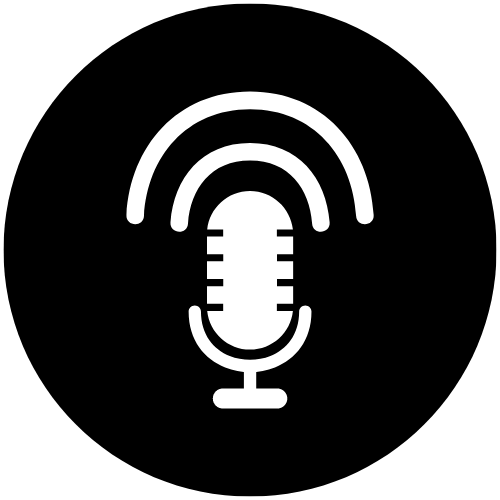 Black and white podcast icon. A white microphone within a solid black circle 