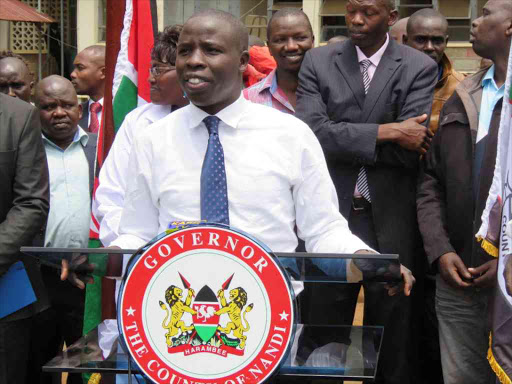 Nandi Governor Stephen Sang addresses county workers in Kapsabet town, August 28, 2017. /MATHEWS NDANYI