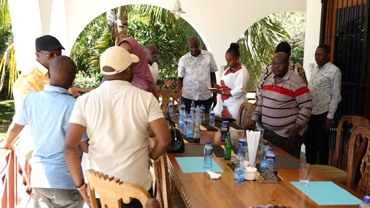 Kilifi leaders led by Governor Gideon Mung'aro (C) after the meeting where they made a declaration to work together.