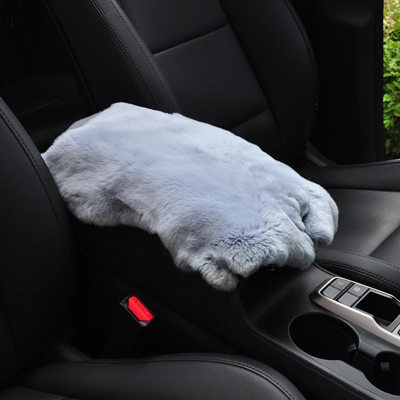 Tapis de voiture en fourrure de lapin Rex d'hiver, coussin d'accoudoir central, coussin de voyage extérieur, peluche mignonne et douillette
