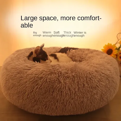 Cat Bed for Winter Warmth PP Cotton Long Plush Pet Bed Durable and Soft Cozy Round Plush