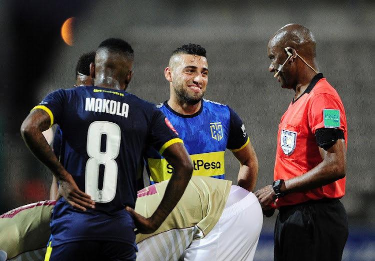 Christopher David of Cape Town City chats to referee during the Absa Premiership 2019/20 football match between Cape Town City and Stellenbosch FC at Athlone Stadium in Cape Town on 10 August 2019.