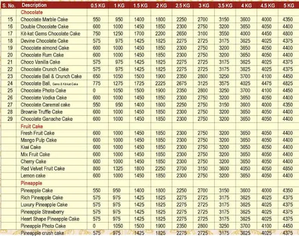 Cake 24X7 menu 