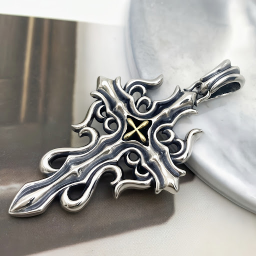 Title 4, Blue Diamond Flame Cross Flower Pendant for Men...