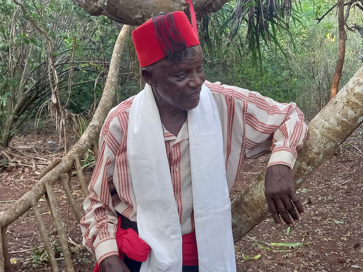 Kaya Diani chairman Iddi Hassan Siwa at Kaya Diani in Matuga subcounty, Kwale county, on Tuesday, May 14, 2024.