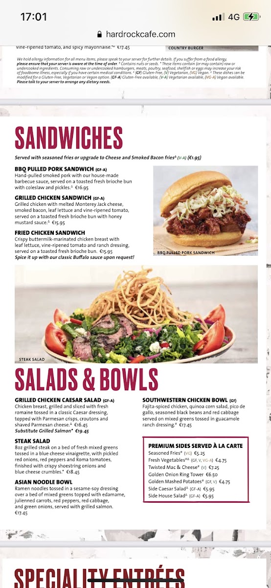 Hard Rock Cafe gluten-free menu