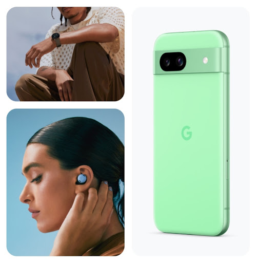 Eine Collage mit einer Person, die eine Pixel Watch 2 trägt, einer Person, die die Pixel Buds Pro in der Farbe Bay trägt, und der Rückseite eines Pixel 8a in der Farbe Aloe.