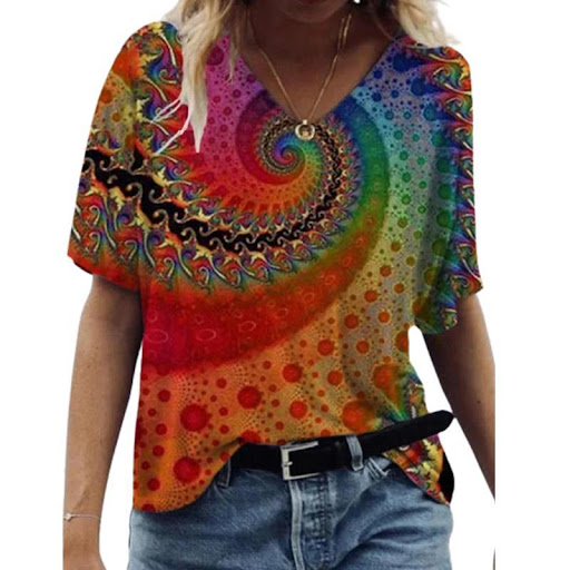Title 2, Floral Print Pullover V-neck Short Sleeve T-shi...