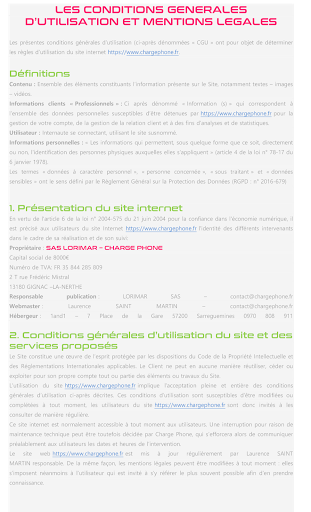 Conditions générales utilisation site internet CHARGE PHONE