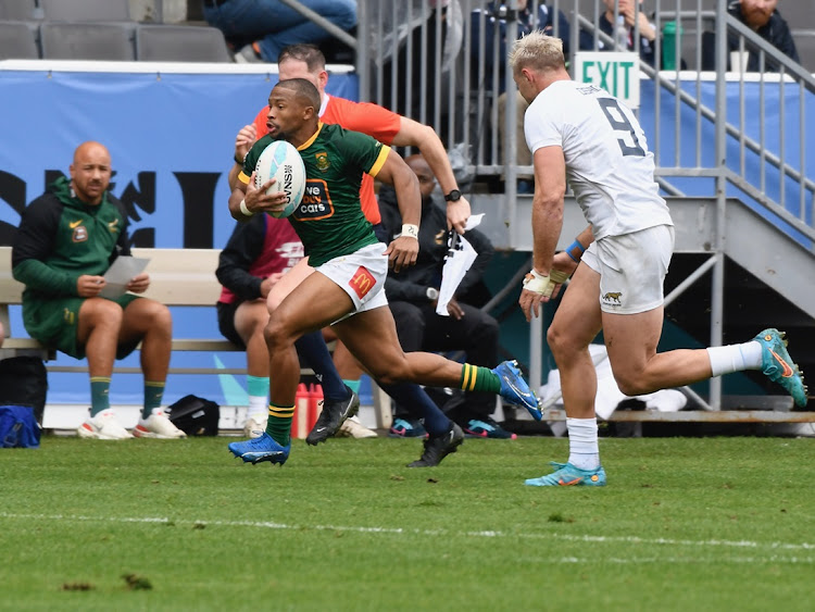 The Blitzboks' Shaun Williams during their Pool A match against Argentina on day 2 of the 2024 Los Angeles Sevens at Dignity Health Sports Park on Saturday.