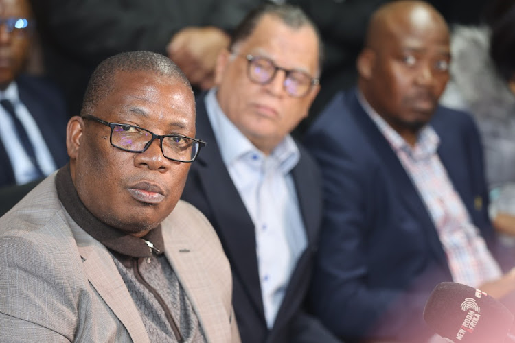 Gauteng Premier Panyaza Lesufi and SAFA President Danny Jordaan during the press conference on Banyana Banyana protest on bonuses at Tsakani Stadium in Ekurhuleni.