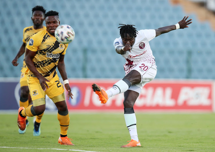 Daniel Gozar of Swallows FC challenged by Isaac Masia of Black Leopards during the DStv Premiership match between Swallows FC and Black Leopards at Dobsonville Stadium.