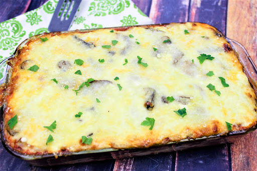 Zucchini lasagna baked until the cheese is golden brown.