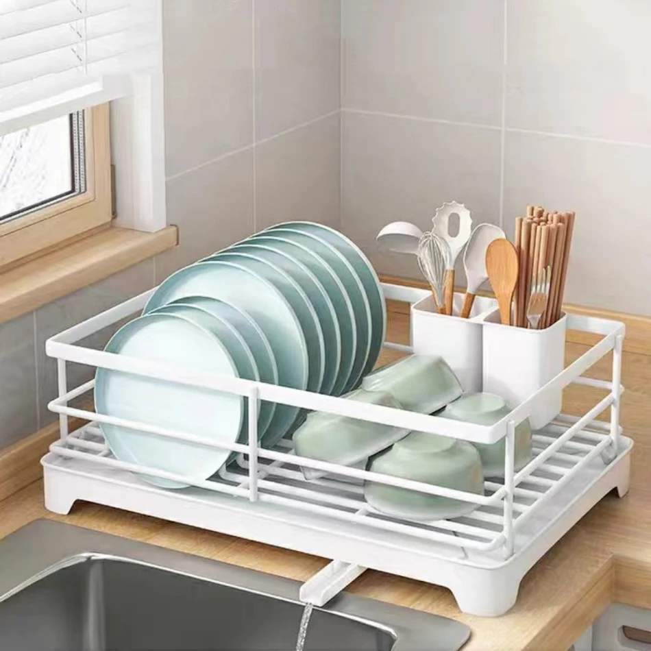 Multifunctioneel keuken opbergrek met afdruiprek voor kommen en borden, ijzeren afdruiprek voor afwas, ideaal voor de spoelbak