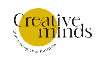 Logo yellow, black, and white. Creative Minds Advertising and Marketing agency