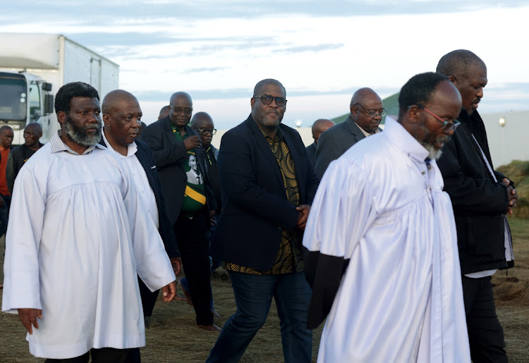 PAC leader Mzwanele Nyhontso (looking at the camera) visited Nazareth Baptist Church leader Mduduzi 'uNyazi' Shembe at eKhanana where thousands of Ebuhleni faction members are gathered for the annual pilgrimage.