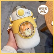 Bình Nước Nhựa Hoạt Hình Dễ Thương Cute Có Ống Hút Cho Bé Dung Tích Lớn 820Ml - Tặng Sticker