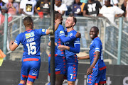 Bradley Grobler of SuperSport United celebrates his goal with teammates during the MTN8 semifinal first leg match against Kaizer Chiefs at Lucas Moripe Stadium on August 26, 2018 in Pretoria, South Africa. 