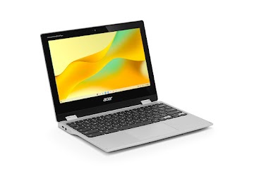 開いている Acer Chromebook Spin 311 を左から見たところ（ホーム画面が表示されている）。