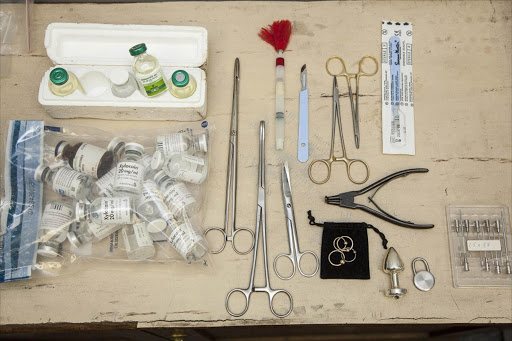 Tools and anaesthetics seized by police and allegedly used by Frederiksen to perform female genital mutilation, mostly in Lesotho. Pic: ER LOMBARD.