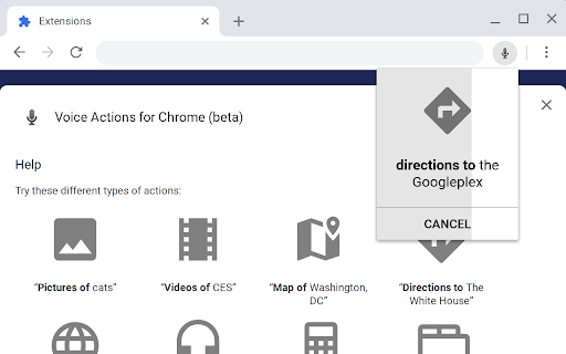 Actions Chrome (beta) C) Washington, directions Googleplex CANCEL 