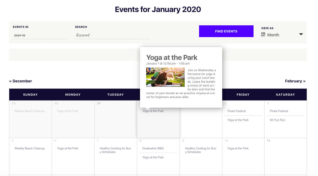 La página principal de Events Manager muestra una barra de búsqueda y un calendario.