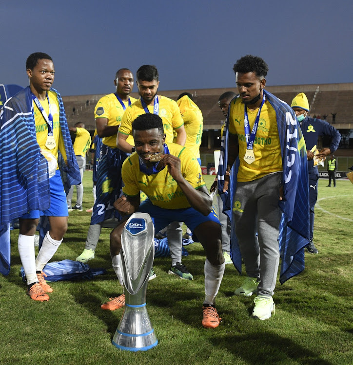 Teboho Mokoena of Mamelodi Sundowns celebrates during the DStv Premiership 2021/22 match between Royal AM and Mamelodi Sundowns at Chatsworth Stadium on the 23 May 2022 © Sydney Mahlangu/BackpagePix