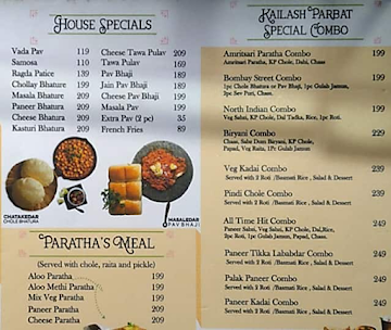 Kailash Parbat menu 