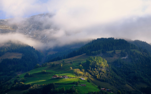 Alpine Farmhouses Green Slope Low Clouds screenshot 1