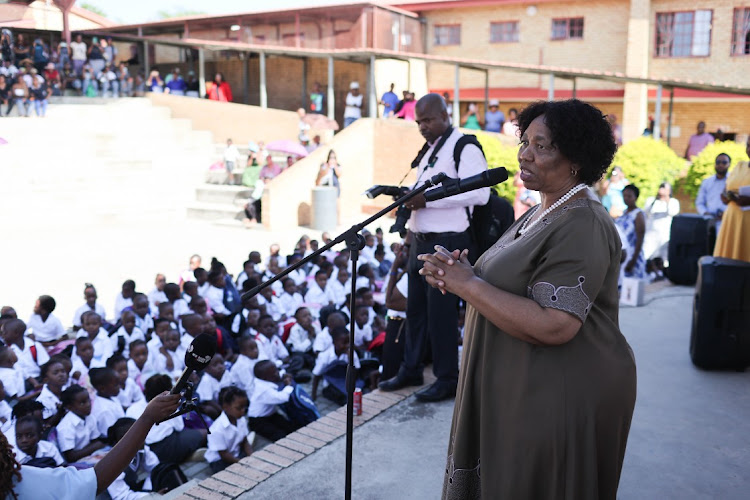 Basic education minister Angie Motshekga addresses parents and pupils on the first day of the school year on January 11 2023 at Cosmo City Primary School in Johannesburg. Picture: ALAISTER RUSSELL/SUNDAY TIMES.