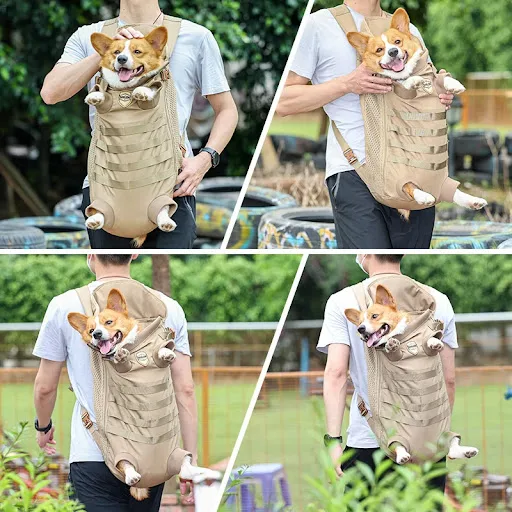 Tactical Outdoor Pet Frontpack Hands Free Soft Breathable Safety Travel Backpack Dog Carrier Military Tan for Small Medi