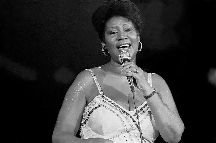 American musician Aretha Franklin performs on stage at the Park West Auditorium.