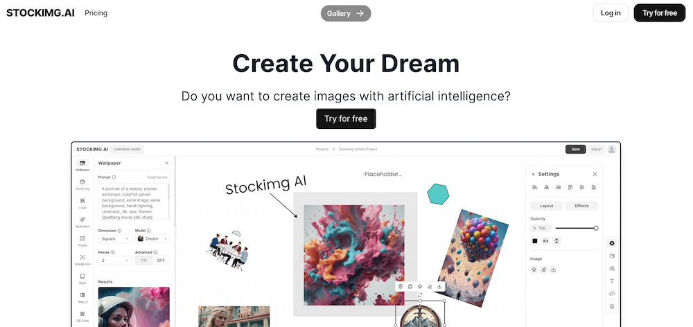 Stockimg.ai image creator. Homepage screenshot