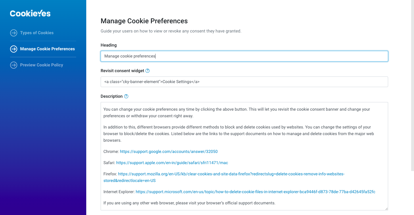 cookieyes cookie policy for Squarespace website