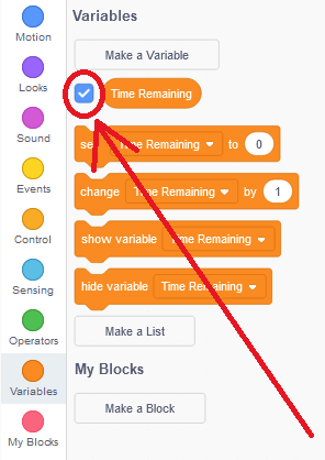 button to make the variable visible to the player on the Scratch stage