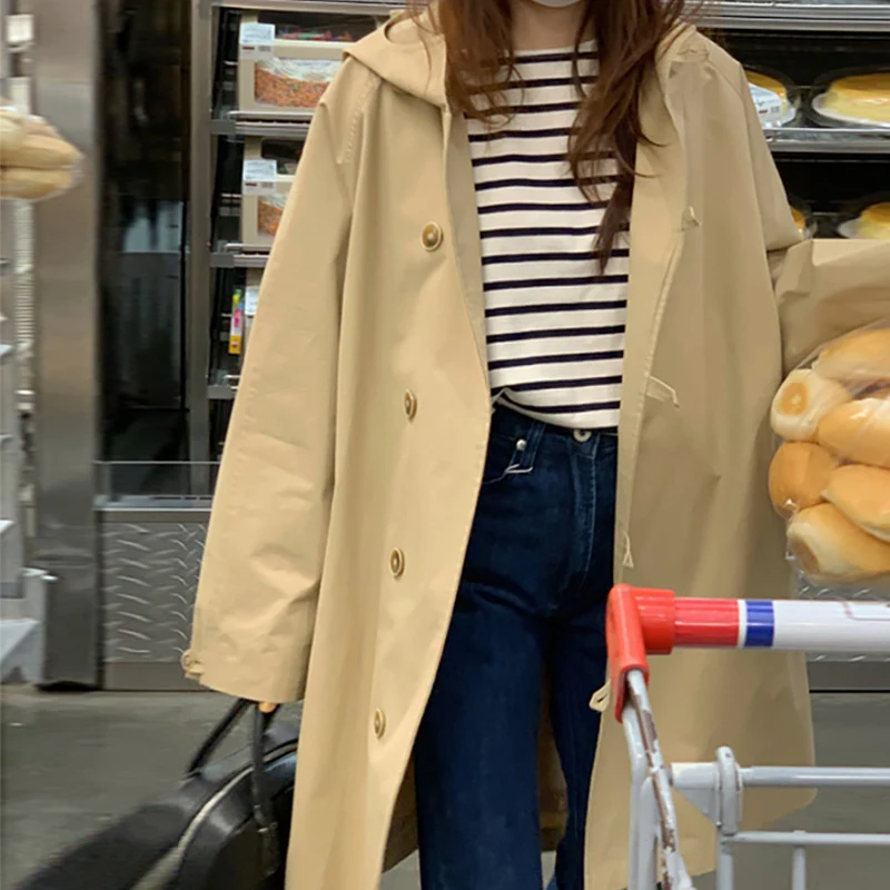 Trench Coat com Capuz de Comprimento Médio para Mulheres, Temperamento Doce e Feminino, Confortável e Elegante, Perfeito para Diversas Ocasiões