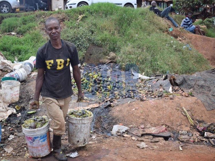 Masai Barnos a trader at Kangemi market sorts solid waste collected from Kangemi market. The waste benefits pig farmers and is one of the rare businesses that has not been negatively affected by the ongoing fuel shortage crisis. April 7, 2022.