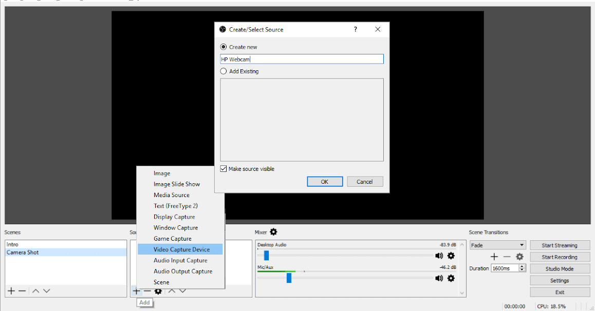 OBS Studio Add Scene Source - Fb Live Web Cam Feed