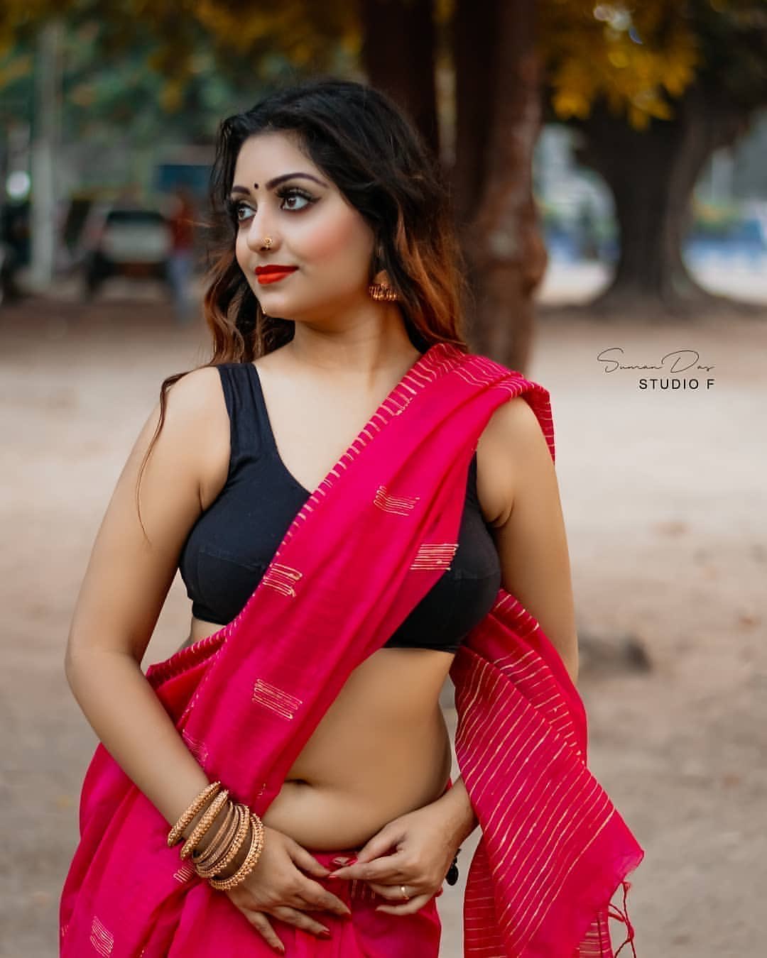 Rupsa Saha Chowdhury Hot Red Saree Black Sleeveless Blouse Photoshoot 