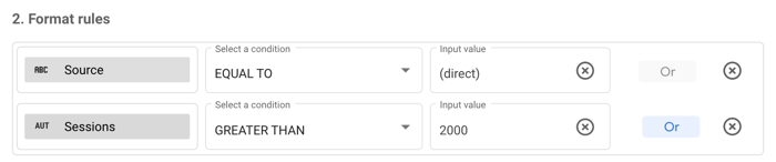 En la sección "Reglas de formato" del panel para crear reglas se muestran las condiciones Fuente es igual a (directo) O Sesiones es mayor que 2000.