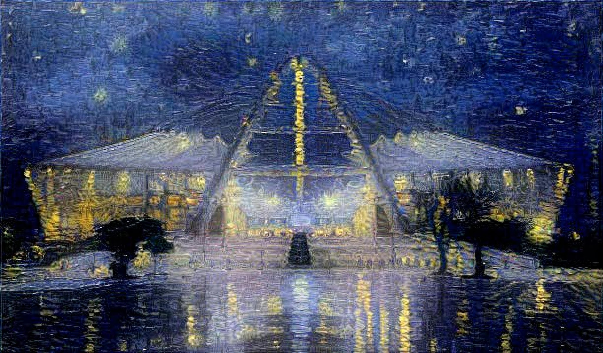 Style-transfer of Starry Night by Van Gogh and Moses Mabhida Stadium, plus super-resolution to 4x with magic enhanced