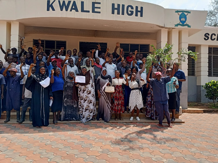 A section of Kwale High staff, parents and students celebrate in Matuga, Kwale County on Monday, January 8, 2024.