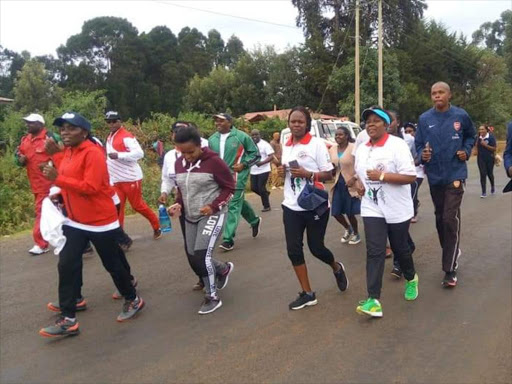 Bomet Governor Joyce Laboso (in blue cap) during the one-kilometre fun race on Saturday, February 16, 2019. /FELIX KIPKEMOI